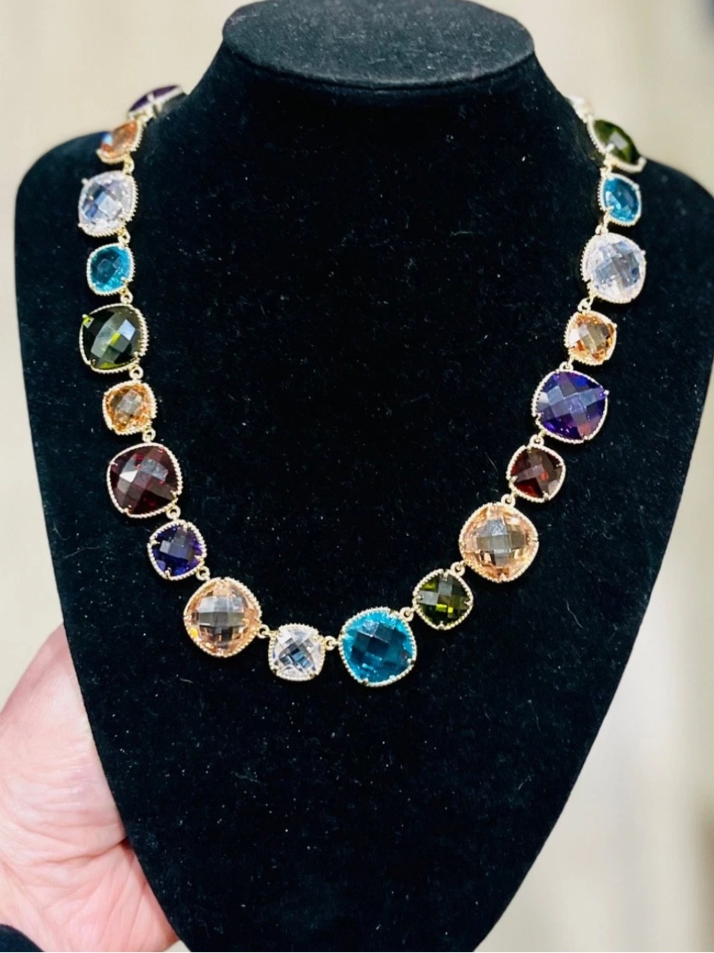 Vintage Gold Tone Multicolor Checkerboard Cubic Zirconia Station Necklace READ… - Picture 12 of 12